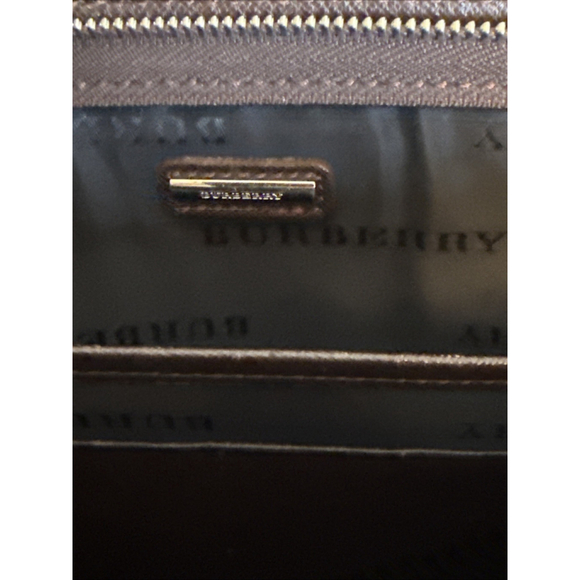 Burberry Logo Plate Saffiano Clutch Wristlet Bag Brown